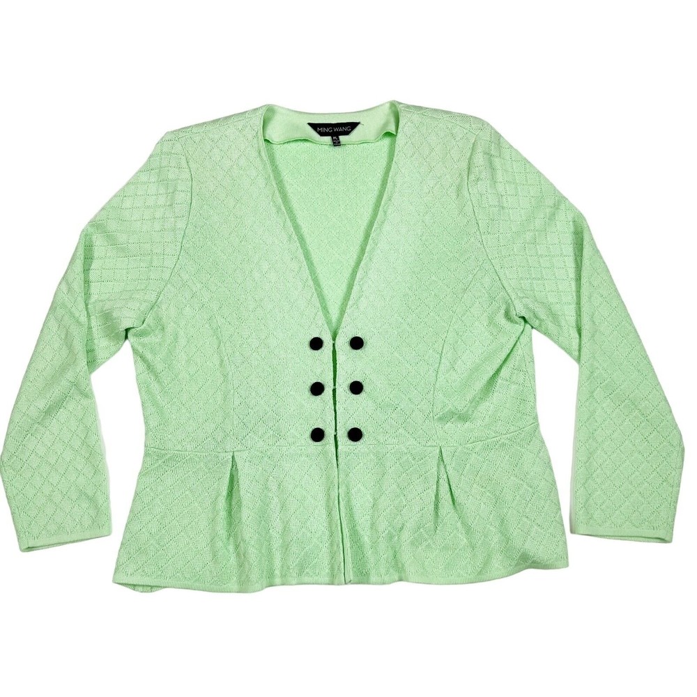 Ming Wang Womens Cardigan Sweater Mint Green Peplum V Neck Clasp Sz PL